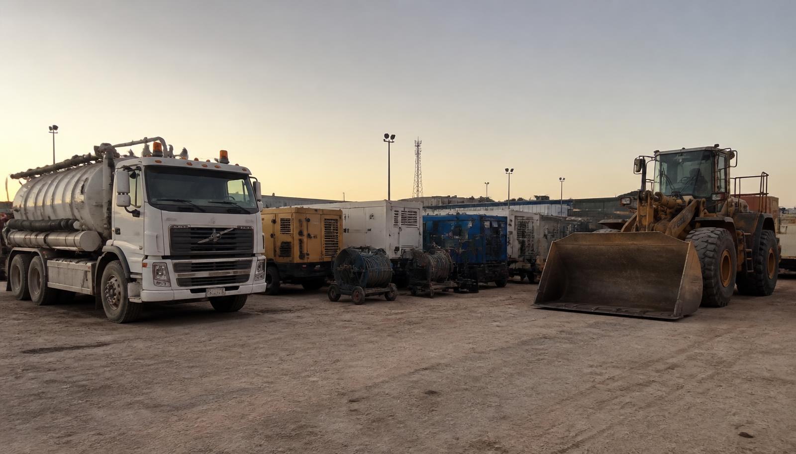 Heavy equipment yard with vacuum truck, generators and loader