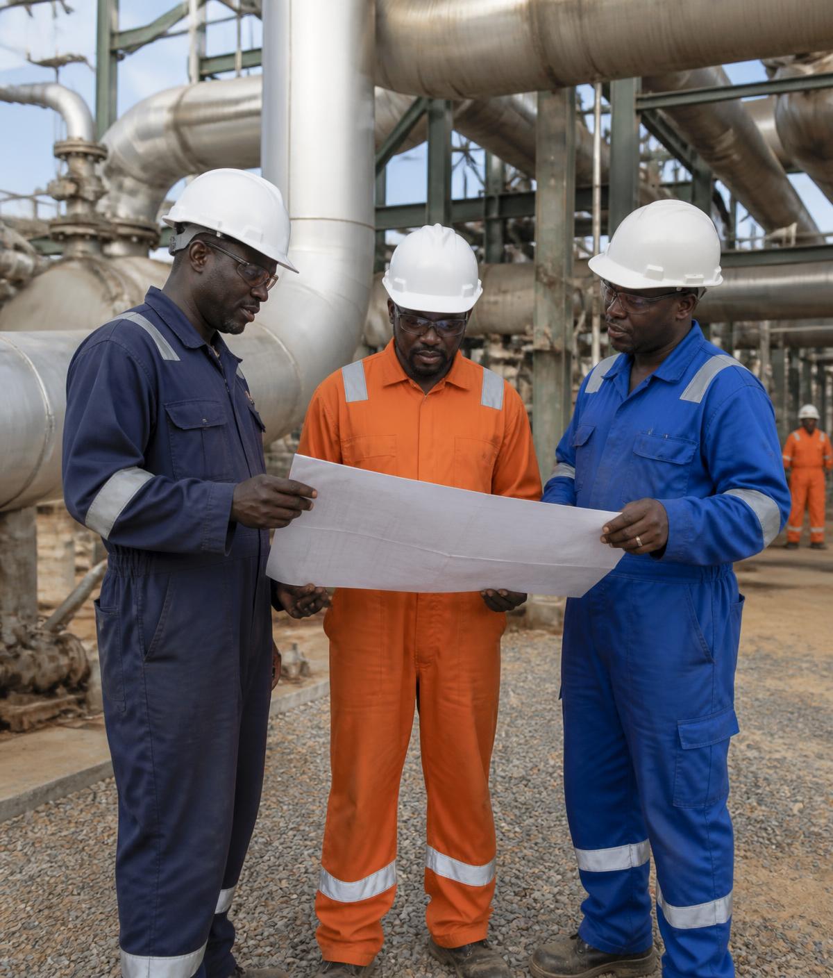 Engineers reviewing technical drawings on site