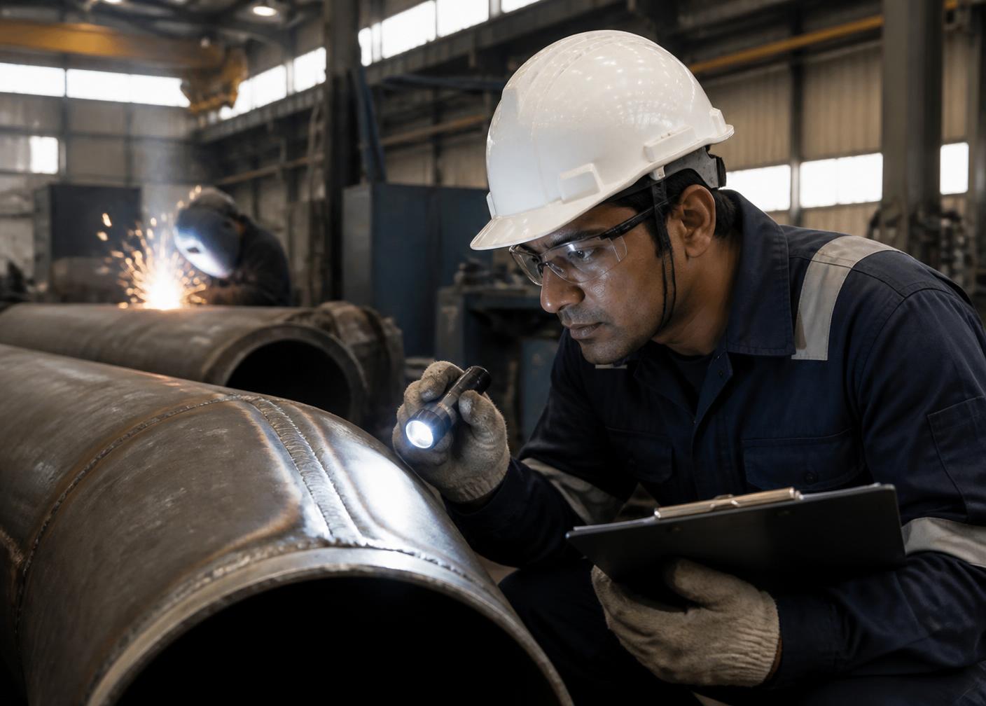 QA/QC inspector examining a welded pipe joint